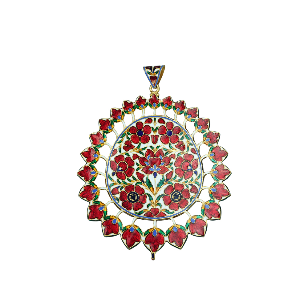 Red Enamel Pendant with Polki and Floral Bird Motifs
